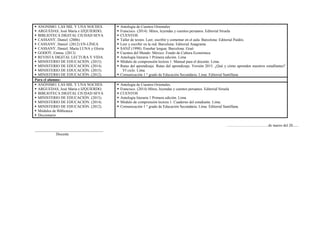  ANONIMO. LAS MIL Y UNA NOCHES.
 ARGUEDAS, José María e IZQUIERDO,
 BIBLIOTECA DIGITAL CIUDAD SEVA
 CASSANY, Daniel. (2006)
 CASSANY, Daniel. (2012) EN-LÍNEA
 CASSANY, Daniel; Marta LUNA y Gloria
 GODOY, Emma. (2013)
 REVISTA DIGITAL LECTURA Y VIDA.
 MINISTERIO DE EDUCACIÓN. (2015).
 MINISTERIO DE EDUCACIÓN. (2014).
 MINISTERIO DE EDUCACIÓN. (2015).
 MINISTERIO DE EDUCACIÓN. (2012).
 Antología de Cuentos Orientales
 Francisco. (2014). Mitos, leyendas y cuentos peruanos. Editorial Siruela
 CUENTOS
 Taller de textos. Leer, escribir y comentar en el aula. Barcelona: Editorial Paidós.
 Leer y escribir en la red. Barcelona: Editorial Anagrama
 SANZ (1998). Enseñar lengua. Barcelona: Graó.
 Cuentos del Mundo .México: Fondo de Cultura Económica
 Antología literaria 1 Primera edición. Lima
 Módulo de comprensión lectora 1. Manual para el docente. Lima.
 Rutas del aprendizaje. Rutas del aprendizaje. Versión 2015. ¿Qué y cómo aprenden nuestros estudIantes?
VI ciclo. Lima.
 Comunicación 1 ° grado de Educación Secundaria. Lima: Editorial Santillana.
Para el alumno:
 ANÓNIMO. LAS MIL Y UNA NOCHES.
 ARGUEDAS, José María e IZQUIERDO,
 BIBLIOTECA DIGITAL CIUDAD SEVA
 MINISTERIO DE EDUCACIÓN. (2015).
 MINISTERIO DE EDUCACIÓN. (2014).
 MINISTERIO DE EDUCACIÓN. (2012).
 Módulos de Biblioteca
 Diccionario
 Antología de Cuentos Orientales.
 Francisco. (2014) Mitos, leyendas y cuentos peruanos. Editorial Siruela
 CUENTOS
 Antología literaria 1 Primera edición. Lima
 Módulo de comprensión lectora 1. Cuaderno del estudiante. Lima.
 Comunicación 1 ° grado de Educación Secundaria. Lima: Editorial Santillana.
……………………………de marzo del 20......
____________________________________
Docente
 