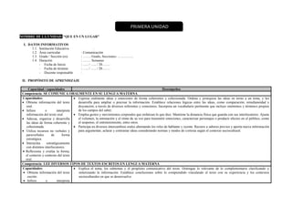 NOMBRE DE LA UNIDAD: “QUE EN UN LUGAR”
I. DATOS INFORMATIVOS
1.1. Institución Educativa :
1.2. Área curricular : Comunicación
1.3. Grado / Sección (es) : ……. Grado, Secciones: …………..
1.4. Duración : ……. Semanas
- Fecha de Inicio : ….. / ….. / 20…….
- Fecha de término : ….. / ….. / 20…….
- Docente responsable :
II. PROPÓSITO DE APRENDIZAJE
Capacidad / capacidades Desempeños
Competencia: SE COMUNICA ORALMENTE EN SU LENGUA MATERNA
Capacidades:
 Obtiene información del texto
oral.
 Infiere e interpreta
información del texto oral.
 Adecua, organiza y desarrolla
las ideas de forma coherente y
cohesionada.
 Utiliza recursos no verbales y
paraverbales de forma
estratégica.
 Interactúa estratégicamente
con distintos interlocutores.
 Reflexiona y evalúa la forma,
el contexto y contexto del texto
oral.
 Expresa oralmente ideas y emociones de forma coherentes y cohesionada. Ordena y jerarquiza las ideas en torno a un tema, y las
desarrolla para ampliar o precisar la información. Establece relaciones lógicas entre las ideas, como comparación, simultaneidad y
disyunción, a través de diversos referentes y conectores. Incorpora un vocabulario pertinente que incluye sinónimos y términos propios
de los campos del saber.
 Emplea gestos y movimientos corporales que enfatizan lo que dice. Mantiene la distancia física que guarda con sus interlocutores. Ajusta
el volumen, la entonación y el ritmo de su voz para transmitir emociones, caracterizar personajes o producir efectos en el público, como
el suspenso, el entretenimiento, entre otros.
 Participa en diversos intercambios orales alternando los roles de hablante y oyente. Recurre a saberes previos y aporta nueva información
para argumentar, aclarar y contrastar ideas considerando normas y modos de cortesía según el contexto sociocultural.
Competencia: LEE DIVERSOS TIPOS DE TEXTOS ESCRITOS EN LENGUA MATERNA
Capacidades:
 Obtiene información del texto
escrito.
 Infiere e interpreta
 Explica el tema, los subtemas y el propósito comunicativo del texto. Distingue lo relevante de lo complementario clasificando y
sintetizando la información. Establece conclusiones sobre lo comprendido vinculando el texto con su experiencia y los contextos
socioculturales en que se desenvuelve.
PRIMERA UNIDAD
 