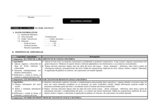 ____________________________________
Docente
NOMBRE DE LA UNIDAD: “EL PERÚ ANUNCIA”
I. DATOS INFORMATIVOS
1.1. Institución Educativa :
1.2. Área curricular : Comunicación
1.3. Grado / Sección (es) : ……. Grado, Secciones: …………..
1.4. Duración : ……. Semanas
- Fecha de Inicio : ….. / ….. / 20…….
- Fecha de término : ….. / ….. / 20…….
- Docente responsable :
II. PROPÓSITO DE APRENDIZAJE
Capacidad / capacidades Desempeños
Competencia: SE COMUNICA ORALMENTE EN SU LENGUA MATERNA
Capacidades:
 Adecua, organiza y desarrolla las
ideas de forma coherente y
cohesionada.
 Interactúa estratégicamente con
distintos interlocutores.
 Reflexiona y evalúa la forma, el
contexto y contexto del texto oral.
 Adecua el texto oral a la situación comunicativa considerando el propósito comunicativo, el tipo textual y algunas características del
género discursivo. Mantiene el registro formal o informal adaptándose a los interlocutores y sus contextos socioculturales.
 Deduce diversas relaciones lógicas entre las ideas del texto oral (causa – efecto, semejanza – diferencia, entre otras) a partir de
información explicita y presuposiciones del texto. Señala las características implícitas de seres, objetos, hechos y lugares. Determina
el significado de palabras en contexto y de expresiones con sentido figurado.
Competencia: LEE DIVERSOS TIPOS DE TEXTOS ESCRITOS EN LENGUA MATERNA
Capacidades:
 Obtiene información del texto
escrito.
 Infiere e interpreta información
del texto.
 Reflexiona y evalúa la forma, el
contenido y contexto del texto.
 Identifica información explicita, relevante y complementaria seleccionando datos específicos y algunos detalles en diversos tipos de
texto con varios elementos complejos en su estructura, así como vocabulario variado. Integra información explicita cuando se
encuentra en distintas partes del texto, o en distintos textos al realizar una lectura intertextual.
 Deduce diversas relaciones lógicas entre las ideas del texto escrito (causa – efecto, semejanza – diferencia, entre otras) a partir de
información relevante y complementaria del texto, o al realizar una lectura intertextual. Señala las características implícitas de seres,
objetos, hechos y lugares, y determina el significado de palabras en contexto y de expresiones con sentido figurado.
Competencia: ESCRIBE DIVERSOS TIPOS DE TEXTOS EN LENGUA MATERNA
SEGUNDA UNIDAD
 