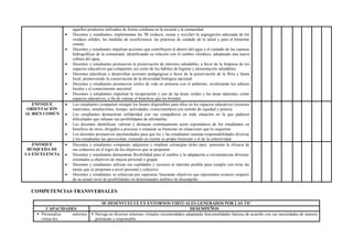 aquellos productos utilizados de forma cotidiana en la escuela y la comunidad.
 Docentes y estudiantes, implementan las 3R (reducir, reusar y reciclar) la segregación adecuada de los
residuos sólidos, las medidas de ecoeficiencia, las prácticas de cuidado de la salud y para el bienestar
común.
 Docentes y estudiantes impulsan acciones que contribuyen al ahorro del agua y el cuidado de las cuencas
hidrográficas de la comunidad, identificando su relación con el cambio climático, adoptando una nueva
cultura del agua.
 Docentes y estudiantes promueven la preservación de entornos saludables, a favor de la limpieza de los
espacios educativos que comparten, así como de los hábitos de higiene y alimentación saludables.
 Docentes planifican y desarrollan acciones pedagógicas a favor de la preservación de la flora y fauna
local, promoviendo la conservación de la diversidad biológica nacional.
 Docentes y estudiantes promueven estilos de vida en armonía con el ambiente, revalorando los saberes
locales y el conocimiento ancestral.
 Docentes y estudiantes impulsan la recuperación y uso de las áreas verdes y las áreas naturales, como
espacios educativos, a fin de valorar el beneficio que les brindan
ENFOQUE
ORIENTACIÓN
AL BIEN COMÚN
 Los estudiantes comparten siempre los bienes disponibles para ellos en los espacios educativos (recursos
materiales, instalaciones, tiempo, actividades, conocimientos) con sentido de equidad y justicia.
 Los estudiantes demuestran solidaridad con sus compañeros en toda situación en la que padecen
dificultades que rebasan sus posibilidades de afrontarlas.
 Los docentes identifican, valoran y destacan continuamente actos espontáneos de los estudiantes en
beneficio de otros, dirigidos a procurar o restaurar su bienestar en situaciones que lo requieran.
 Los docentes promueven oportunidades para que los y las estudiantes asuman responsabilidades diversas
y los estudiantes las aprovechan, tomando en cuenta su propio bienestar y el de la colectividad.
ENFOQUE
BÚSQUEDA DE
LA EXCELENCIA
 Docentes y estudiantes comparan, adquieren y emplean estrategias útiles para aumentar la eficacia de
sus esfuerzos en el logro de los objetivos que se proponen.
 Docentes y estudiantes demuestran flexibilidad para el cambio y la adaptación a circunstancias diversas,
orientados a objetivos de mejora personal o grupal.
 Docentes y estudiantes utilizan sus cualidades y recursos al máximo posible para cumplir con éxito las
metas que se proponen a nivel personal y colectivo.
 Docentes y estudiantes se esfuerzan por superarse, buscando objetivos que representen avances respecto
de su actual nivel de posibilidades en determinados ámbitos de desempeño.
COMPETENCIAS TRANSVERSALES
SE DESENVUELVE EN ENTORNOS VIRTUALES GENERADOS POR LAS TIC
CAPACIDADES DESEMPEÑOS
 Personaliza entornos
virtua-les.
 Navega en diversos entornos virtuales recomendados adaptando funcionalidades básicas de acuerdo con sus necesidades de manera
pertinente y responsable.
 