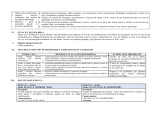 Define metas de aprendizaje.
 Organiza acciones
estratégicas para alcanzar
sus metas de aprendizaje.
 Monitorea y ajusta su
desempeño durante el
proceso de aprendizaje.
 Determina metas de aprendizaje viables asociadas a sus conocimientos, estilos de aprendizaje, habilidades y actitudes para el logro de la
tarea, formulándose preguntas de manera reflexiva.
 Organiza un conjunto de estrategias y procedimientos en función del tiempo y de los recursos de que dispone para lograr las metas de
aprendizaje de acuerdo con sus posibilidades,
 Revisa la aplicación de estrategias, procedimientos, recursos y aportes de sus pares para realizar ajustes o cambios en sus acciones que
permitan llegar a los resultados esperados.
 Explica las acciones realizadas y los recursos movilizados en función de su pertinencia al logro de las metas de aprendizaje
IV. SITUACION SIGNIFICATIVA
Alarma en el mundo por el avance del ébola. Esta enfermedad es muy peligrosa, no solo por sus manifestaciones, sino también por el causante: un virus. Se trata de una
enfermedad que se propaga rápidamente entre las poblaciones. Algo muy interesante es que los virus ni siquiera son seres vivos; sin embargo, un virus, al no encontrar un
ser vivo, no se propaga, pero se mantiene con vida latente. Entonces, nos podemos preguntar: ¿qué diferencia a los seres vivos de los virus?
V. PRODUCTO IMPORTANTE
Cuadro comparativo.
VI. CRITERIOS, EVIDENCIAS DE APRENDIZAJE E INSTRUMENTOS DE VALORACIÓN.
COMPETENCIA CRITERIOS Y EVALUACION (DESEMPEÑOS) EVIDENCIA DE APRENDIZAJE
Indaga mediante métodos
científicos para construir
conocimientos.
 Formula preguntas acerca de las variables que influyen en un hecho, fenómeno u objeto
natural o tecnológico y selecciona aquella que puede ser indagada científicamente.
 Controla aspectos que modifican la experimentación.
Participa en forma oral, en el debate
propuesto por el docente, fundamentando su
posición en forma ética.
Explica el mundo físico basán-
dose en conocimientos sobre los
seres vivos, materia y energía,
biodiversidad, tierra y universo.
 Describe las propiedades de la materia y explica los cambios físicos y químicos a partir de
sus interacciones con transferencia de energía.
 Explica el modelo actual de la estructura del átomo a partir de la comparación y evolución
de los modelos precedentes.
A través de organizadores visuales, elabora
su aprendizaje y los comparte con los demás
en una exposición.
Diseña y construye soluciones
tecnológicas para resolver
problemas de su entorno
 Describe el problema tecnológico y las causas que lo generan.
 Explica su alternativa de solución tecnológica sobre la base de conocimientos científicos o
prácticas locales.
Propone a sus compañeros que elaboren
conclusiones para resolver problemas
mediante la tecnología.
VII. SECUENCIA DE SESIONES
Sesión 1/6 (….. horas)
Título: EL AGUA Y LOS SERES VIVOS
Sesión 2/6 (….. horas)
Título: LAS CÉLULAS Y EL MICROSCOPIO
Desempeño:
Formula preguntas acerca de las variables que influyen en un hecho, fenómeno u
objeto natural o tecnológico y selecciona aquella que puede ser indaga
científicamente.
Campo temático:
EL AGUA Y LOS SERES VIVOS.
Desempeño:
Describe las propiedades de la materia y explica los cambios físicos y químicos a
partir de sus interacciones con transferencia de energía.
Campo temático:
LAS CÉLULAS Y EL MICROSCOPIO
Actividad:
 