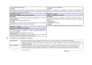 UN CRUSTÁCEO DIFERENTE.
Actividad:
Organizar una visita al jardín de su colegio o al área verde más cercana y pedir a
los estudiantes que registren los animales que observan. Luego plasmar sus datos
en un papelógrafo y compartirlos en el aula.
UNA CLASE MUY NUMEROSA
Actividad:
Pedir a los estudiantes que identifiquen la función de los miembros del
hormiguero que se mencionan en la lectura y que elaboren un mapa conceptual.
Sesión 3/5 (….. horas)
Título: PROTOTIPO DE CRIANZA INTEGRADA
Sesión 4/5 (….. horas)
Título: SALVEMOS AL MANATÍ.
Desempeño:
Plantea hipótesis en las que establece relaciones de causalidad entre las variables.
Campo temático:
PROTOTIPO DE CRIANZA INTEGRADA
Actividad:
Forman grupos y conversan sobre los situaciones planteadas en clase, buscando
información sobre el tema en revistas, libros e internet.
Desempeño:
Representa su alternativa de solución, con dibujos estructurados. Describe sus
partes o etapas, la secuencia de pasos, sus características de forma y estructura y
su función.
Campo temático:
SALVEMOS AL MANATÍ.
Actividad:
Proponer a los estudiantes que elaboren un comentario sobre el maltrato animal.
Sesión 5/5 (….. horas)
Título: LOS MAMÍFEROS OVÍPAROS
Desempeño: Sustenta si sus conclusiones responden a la pregunta de indagación
y si los procedimientos, mediciones y ajustes realizados contribuyeron a
demostrar su hipótesis.
Campo temático: LOS MAMÍFEROS OVÍPAROS.
Actividad:Amplían la información sobre los animales más raros del mundo a
partir de la observación de fotografías obtenidas en la web.
IX. MATERIALES A UTILIZAR EN LA UNIDAD:
Para el docente  Ministerio de Educación. Rutas del aprendizaje. Fascículo general 4. Ciencia y Tecnología. 2013. Lima. Ministerio de Educación.
 Ministerio de Educación. Rutas del aprendizaje .VI ciclo. Área Curricular de Ciencia, Tecnología y Ambiente. 2015. Lima. Ministerio de Educación
 Ministerio de Educación. Manual para el docente del libro de Ciencia, Tecnología y Ambiente de 1.er
grado de Educación Secundaria. 2012. Lima.
Grupo Editorial Norma
Para el estudiante  Ministerio de Educación. Libro de Ciencia, Tecnología y Ambiente de 1.er
grado de Educación Secundaria. 2012. Lima. Grupo Editorial Norma.
 Ministerio de Educación. Guía para el estudiante del Módulo de Ciencia Tecnología y Ambiente-Investiguemos 1. 2012. Lima. El Comercio S.A.
 Ministerio de Educación. Ciencia, Tecnología y Ambiente. Serie 1: Estudiantes. Fascículo 2: Biodiversidad. 2007. San Borja. El Comercio S.A.
………………………., …. de marzo del 20…… _____________________________________
DOCENTE
 