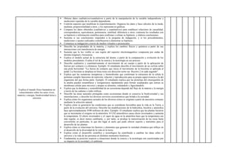  Obtiene datos cualitativos/cuantitativos a partir de la manipulación de la variable independiente y
mediciones repetidas de la variable dependiente.
 Controla aspectos que modifican la experimentación. Organiza los datos y hace cálculos de la moda,
mediana, proporcionalidad u otros, y los representa en gráficas.
 Compara los datos obtenidos (cualitativos y cuantitativos) para establecer relaciones de causalidad,
correspondencia, equivalencia, pertenencia, similitud, diferencia u otros; contrasta los resultados con
su hipótesis e información científica para confirmar o refutar su hipótesis, y elabora conclusiones.
 Sustenta si sus conclusiones responden a la pregunta de indagación, y si los procedimientos,
mediciones y ajustes realizados contribuyeron a demostrar su hipótesis.
 Comunica su indagación a través de medios virtuales o presenciales
Explica el mundo físico basándose en
conocimientos sobre los seres vivos,
materia y energía, biodiversidad tierra y
universo
 Describe las propiedades de la materia, y explica los cambios físicos y químicos a partir de sus
interacciones con transferencia de energía.
 Sustenta que la luz visible es una región del espectro electromagnético compuesta por ondas de
distinta longitud y frecuencia.
 Explica el modelo actual de la estructura del átomo, a partir de la comparación y evolución de los
modelos precedentes. Evalúa el rol de la ciencia y la tecnología en ese proceso.
 Describe cualitativa y cuantitativamente el movimiento de un cuerpo a partir de la aplicación de
fuerzas por contacto o a distancia. Ejemplo: El estudiante describe el movimiento de un ciclista sobre
una pista horizontal: "La fuerza de contacto que inicia el movimiento de la bicicleta es aplicada al
pedal. La bicicleta se desplaza en línea recta con dirección norte-sur. Recorre 2 m cada segundo".
 Explica que las sustancias inorgánicas y biomoléculas que conforman la estructura de la célula le
permiten cumplir funciones de nutrición, relación y reproducción para su propia supervivencia o la del
organismo del que forma parte. Ejemplo: El estudiante explica que las proteínas del citoesqueleto de
la ameba pueden ensamblarse y reorganizarse rápidamente para formar seudópodos que estiran su
membrana celular para moverse y atrapar su alimento, rodeándolo y fagocitándolo.
 Explica que la dinámica y sostenibilidad de un ecosistema depende del flujo de la materia y la energía
a través de las cadenas o redes tróficas.
 Describe las áreas naturales protegidas como ecosistemas donde se conserva la biodiversidad y sus
interrelaciones, y describe los diversos servicios ecosistémicos que brinda a la sociedad.
 Explica cómo los organismos actuales de los diversos reinos se originan a partir de ancestros comunes
mediante la selección natural.
 Explica cómo se generaron las condiciones que se consideran favorables para la vida en la Tierra, a
partir de la evolución del universo. Describe las modificaciones de la hidrosfera, litosfera y atmósfera
hace aproximadamente 4500 millones de años. Ejemplo: El estudiante explica que las plantas hicieron
que se incremente el oxígeno en la atmósfera. El C02 atmosférico causa efecto invernadero y aumenta
la temperatura. El efecto invernadero y el vapor de agua en la atmósfera hace que la temperatura sea
más regular, es decir menos cambiante, y, por tanto, se produjo la meteorización de las rocas hasta
convertirlas en partículas, lo que dio lugar al suelo que pudo ofrecer soporte y nutrientes para el
desarrollo de las plantas.
 Explica cómo se relacionan los factores y elementos que generan la variedad climática que influye en
el desarrollo de la diversidad de la vida en la tierra.
 Explica como el desarrollo científico y tecnológico ha contribuido a cambiar las ideas sobre el
universo y la vida de las personas en distintos momentos históricos.
 Fundamenta su posición respecto a situaciones donde la ciencia y la tecnología son cuestionadas por
su impacto en la sociedad y el ambiente
 