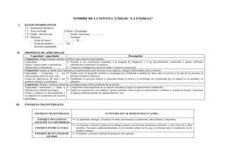 NOMBRE DE LA NOVENA UNIDAD: “LA ENERGIA”
I. DATOS INFORMATIVOS
1.1. Institución Educativa :
1.2. Área curricular : Ciencia y Tecnología
1.3. Grado / Sección (es) : ……. Grado, Secciones: …………..
1.4. Duración : ……. Semanas
- Fecha de Inicio : ….. / ….. / 20….
- Fecha de término : ….. / ….. / 20….
- Docente responsable :
II. PROPÓSITO DE APRENDIZAJE
Capacidad / capacidades Desempeños
Competencia: Indaga mediante métodos científicos para construir conocimientos.
Capacidades:
Genera y registra datos e información.
Analiza datos e información.
 Sustenta si sus conclusiones responden a la pregunta de indagación y si los procedimientos, mediciones y ajustes realizados
contribuyeron a demostrar su hipótesis.
 Comunica su indagación a través de medios virtuales o presenciales.
Competencia: Explica el mundo físico basándose en conocimientos sobre los seres vivos, materia y energía, biodiversidad, tierra y universo.
Capacidades: Comprende y usa
conocimientos sobre los seres vivos.
Evalúa las implicancias del saber y del
quehacer científico y tecnológico.
 Explica como el desarrollo científico y tecnológico ha contribuido a cambiar las ideas sobre el universo y la vida de las personas en
distintos momentos históricos.
 Fundamenta su posición respecto a situaciones donde la ciencia y la tecnología son cuestionadas por su impacto en la sociedad y el
ambiente.
Competencia: Diseña y construye soluciones tecnológicas para resolver problemas de su entorno
Capacidades: Implementa y valida la
alternativa de solución tecnológica.
Evalúa y comunica el funcionamiento y
los impactos de su alternativa de solución
tecnológica.
 Comprueba el funcionamiento de su solución tecnológica según los requerimientos establecidos.
 Explica su construcción y los cambios o ajustes realizados sobre la base de conocimientos científicos o en prácticas locales y determina
el impacto ambiental durante su implementación y uso.
III. ENFOQUES TRANSVERSALES.
ENFOQUES TRANSVERSALES ACTITUDES QUE SE DEMUESTRAN CUANDO…
ENFOQUE INCLUSIVO O
ATENCIÓN A LA DIVERSIDAD
 Los estudiantes protegen y fortalecen en todas circunstancias su autonomía, autoconfianza y autoestima.
ENFOQUE INTERCULTURAL
 Los docentes y directivos propician un diálogo continuo entre diversas perspectivas culturales, y entre estas con el saber
científico, buscando complementariedades en los distintos planos en los que se formulan para el tratamiento de los
desafíos comunes.
ENFOQUE DE IGUALDAD DE
GÉNERO
 Estudiantes y docentes analizan los prejuicios entre géneros.
 
