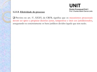 UNIT
                                                            Direito Processual Civil I
1.2.1.8. Efetividade do processo                            Prof. Charles Albert Garcia Leite



 Previsto no art. 5º, XXXV, da CRFB, significa que os mecanismos processuais
devem ser aptos a propiciar decisões justas, tempestivas e úteis aos jurisdicionados,
assegurando-se concretamente os bens jurídicos devidos àquele que tem razão.
 