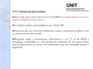 UNIT
                                                         Direito Processual Civil I
1.2.1.9. Vedação das provas ilícitas                     Prof. Charles Albert Garcia Leite



 De acordo com o inciso LVI do art. 5º da CRFB, são inadmissíveis, no processo,
as provas obtidas por meios ilícitos.

 A vedação também está insculpida no art. 332 do CPC.

 Há provas que, em si mesmas consideradas, violam o ordenamento jurídico, como
é o caso da tortura, por exemplo.

 Resguarda ampla e sumariamente, observando-se o art. 5º, X, da CRFB, a
integridade, a intimidade e a vida privada dos indivíduos. Se tais provas forem
apresentadas no processo, devem ser consideradas como não produzidas perante o
magistrado.
 
