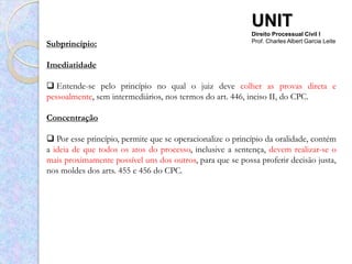 UNIT
                                                           Direito Processual Civil I
Subprincípio:                                              Prof. Charles Albert Garcia Leite



Imediatidade

 Entende-se pelo princípio no qual o juiz deve colher as provas direta e
pessoalmente, sem intermediários, nos termos do art. 446, inciso II, do CPC.

Concentração

 Por esse princípio, permite que se operacionalize o princípio da oralidade, contém
a ideia de que todos os atos do processo, inclusive a sentença, devem realizar-se o
mais proximamente possível uns dos outros, para que se possa proferir decisão justa,
nos moldes dos arts. 455 e 456 do CPC.
 