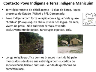 Contexto Povo Indígena e Terra Indígena Manicuím
• Território remoto de difícil acesso - 5 dias de barco. Pouca
presença do Estado (FUNAI e PF). Demarcado.
• Povo Indígena com forte relação com a água: Vida quase
“Anfíbia” (Purupuru). Na cheia, vivem nos lagos. Na seca,
vivem na praia. Não cultivam cereais, vivendo
exclusivamente de peixes, tartarugas e peixes-bois.
• Longa relação pacífica com os brancos mantida há pelo
menos dois séculos e sua estratégia bem-sucedida de
sobrevivência física e cultural – venda de quelônios ao
comércio local.
 
