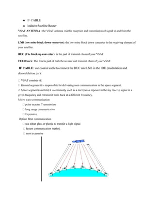  IF CABLE
 Indirect Satellite Router
VSAT ANTENNA : the VSAT antenna enables reception and transmission of signal to and from the
satellite.
LNB (low noise block down converter): the low noise block down converter is the receiving element of
your satellite.
BUC (The block up converter): is the part of transmit chain of your VSAT.
FEED horn: The feed is part of both the receive and transmit chain of your VSAT.
IF CABLE: use coaxial cable to connect the BUC and LNB in the IDU (modulation and
demodulation par)
VSAT consists of:
1. Ground segment it is responsible for delivering user communication to the space segment.
2. Space segment (satellite) it is commonly used as a microwave repeater in the sky receive signal in a
given frequency and retransmit them back at a different frequency.
Micro wave communication
point to point Transmission
long range communication
Expensive
Optical fiber communication
use either glass or plastic to transfer a light signal
fastest communication method
most expensive
 