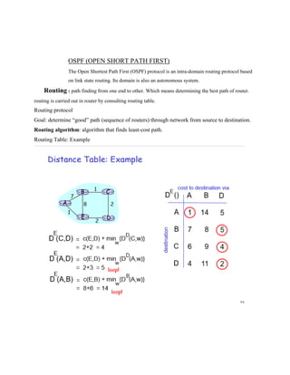 OSPF (OPEN SHORT PATH FIRST)
The Open Shortest Path First (OSPF) protocol is an intra-domain routing protocol based
on link state routing. Its domain is also an autonomous system.
Routing : path finding from one end to other. Which means determining the best path of router.
routing is carried out in router by consulting routing table.
Routing protocol
Goal: determine “good” path (sequence of routers) through network from source to destination.
Routing algorithm: algorithm that finds least-cost path.
Routing Table: Example
 