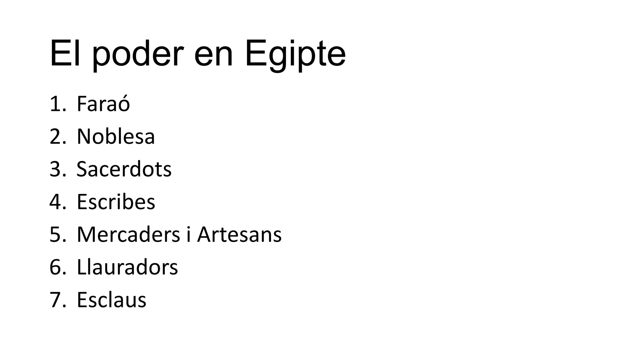 El poder en Egipte
1. Faraó
2. Noblesa
3. Sacerdots
4. Escribes
5. Mercaders i Artesans
6. Llauradors
7. Esclaus
 