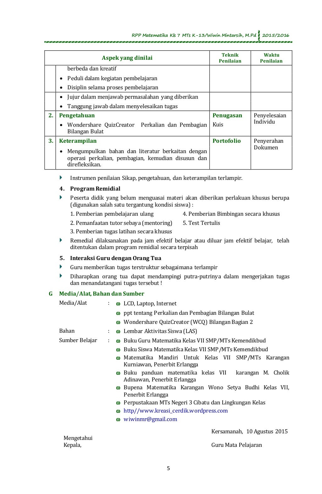 RPP Matematika Kelas 7 MTs Perkalian dan Pembagian RPP Matematika Kelas 7 MTs Perkalian dan Pembagian
