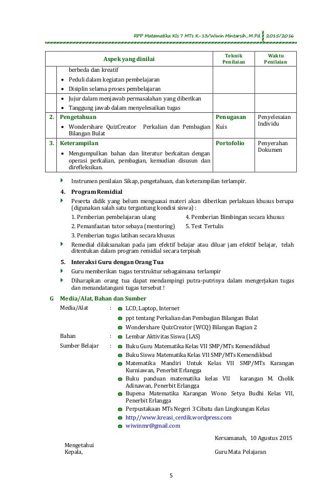 Rpp Matematika Kelas 7 Mts Perkalian Dan Pembagian Bilangan Bulat