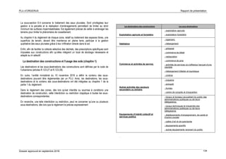 PLU d’ORGERUS Rapport de présentation
Dossier approuvé en septembre 2018 134
La sous-section 6.4 concerne le traitement des eaux pluviales. Sont privilégiées leur
gestion à la parcelle et la réalisation d’aménagements permettant de limiter au strict
minimum les surfaces imperméabilisées. Est également précisé de veiller à aménager les
terrains pour limiter le phénomène de ruissellement.
Au chapitre 4 du règlement de chaque zone, relatif au traitement des espaces libres, une
superficie de terrain, devant être maintenue en pleine terre, participe à la gestion
qualitative des eaux pluviales grâce à leur infiltration directe dans le sol.
Enfin, afin de faciliter la collecte sélective des déchets, des prescriptions spécifiques sont
imposées aux constructions afin qu’elles intègrent un local de stockage nécessaire et
adapté au tri sélectif.
La destination des constructions et l'usage des sols (chapitre 1)
Les destinations et les sous-destinations des constructions sont définies par le code de
l'urbanisme (articles R.123-27 et R.123-28).
En outre, l’arrêté ministériel du 10 novembre 2016 a défini le contenu des sous-
destinations pouvant être réglementée par un PLU. Ainsi, les destinations, les sous-
destinations et le contenu des sous-destinations ont été intégrées au chapitre 1 de la
partie 1 du règlement.
Dans le règlement des zones, dès lors qu'est interdite ou soumise à conditions une
destination de construction, cette interdiction ou restriction s'applique à toutes les sous-
destinations correspondantes.
En revanche, une telle interdiction ou restriction, peut ne concerner qu'une ou plusieurs
sous-destinations, dès lors que le règlement le précise expressément
Les destinations des constructions Les sous destinations
Exploitation agricole et forestière
- exploitation agricole
- exploitation forestière
Habitation
- logement,
- hébergement
Commerce et activités de service
- artisanat
- commerce de détail
- restauration
- commerce de gros
- activités de services où s'effectue l'accueil d'une
clientèle
- hébergement hôtelier et touristique
- cinéma
Autres activités des secteurs
secondaire ou tertiaire
- industrie
- entrepôt
- bureau
- centre de congrès et d’exposition
Equipements d’intérêt collectif et
services publics
- locaux et bureaux accueillant du public des
administrations publiques ou de leurs
délégataires,
- locaux techniques et industriels des
administrations publiques ou de leurs
délégataires
- établissements d’enseignement, de santé et
d’action sociale
- salles d’art et de spectacles
- équipements sportifs
- autres équipements recevant du public
.
 