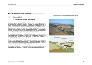 PLU d’ORGERUS Rapport de présentation
Dossier approuvé en septembre 2018 29
4.2 - LES ENTITES PAYSAGERES D'ORGERUS
4.2.1 - L'espace agricole
1. Les parcelles cultivées et les prairies
Les espaces agricoles représentent 60% du territoire communal : l'activité agricole mobilise
et façonne une part importante du territoire et du paysage. Les paysages agricoles sur ce
plateau, sont le plus souvent des paysages de grandes cultures. Il ne subsiste que peu de
prairies. Les terres cultivées sont principalement situées dans la partie Nord de la commune.
L'activité agricole a donc un réel impact sur le paysage : elle permet de maintenir des
paysages ouverts en opposition avec les massifs boisés présents sur la commune et qui
pourraient avoir tendance à fermer le paysage. Ces nombreux bosquets rythment le paysage
et viennent casser les lignes horizontales venant se confondre dans l'horizon.
En plus des surfaces agricoles, la commune présente quelques prairies. Les prairies
résiduelles se trouvent principalement à proximité du bâti, entre le bois de Tacoignières et le
Sud-Ouest du village, de part et d’autre de la RD 45. Les rares prairies bocagères se
rencontrent au Sud du village, au niveau des Vauxhoirs.
De part et d’autre de la voie ferrée, à l’Ouest du hameau du Moutier, on trouve des espaces
naturels plus composites et moins fonctionnels. Il s‘agit d’une mosaïque de prairies, de
champs et de friches. Cet espace se compose de parcelles cultivées, de prairies et d'espaces
naturels mixtes regroupant à la fois des friches et des prairies.
La commune d'Orgerus reste à dominante rurale, d'une part à travers une activité tournée
majoritairement vers l'agriculture et, d'autre part, grâce à l’importance de ses boisements.
Photo-interprétation de la structuration du parcellaire agricole
 