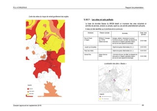 PLU d’ORGERUS Rapport de présentation
Dossier approuvé en septembre 2018 60
Carte des aléas du risque de retrait-gonflement des argiles
5.10.7 - Les sites et sols pollués
La base de données Basias du BRGM établit un inventaire des sites industriels et
activités de services, anciens ou actuels, ayant eu une activité potentiellement polluante.
4 sites ont été identifiés sur le territoire de la commune :
Adresse Raison sociale Activités Date 1ére
activité
Rue du Poirier
d' Argent
RENAULT (Garage),
anc.TOTAL
(Station-service)
Garages, ateliers, mécanique et soudure
Commerce de gros, de détail, de desserte de
carburants en magasin spécialisé (station-
service de toute capacité de stockage)
01/01/1948
Lieudit Les Grouettes Dépôt de liquides inflammables (D.L.I.) 01/01/1972
Place des Halles Dépôt de liquides inflammables (D.L.I.) 01/01/1972
Grande Rue Station-Service
ESSO
Commerce de gros, de détail, de desserte de
carburants en magasin spécialisé (station-
service de toute capacité de stockage)
01/01/1955
Localisation des sites « Basias »
 