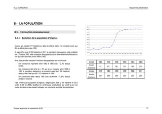 PLU d’ORGERUS Rapport de présentation
Dossier approuvé en septembre 2018 87
Année 1901 1931 1936 1954 1962 1968
Nombre
d'habitants
717 827 906 914 884 1012
Année 1975 1982 1990 1999 2006 2011
Nombre
d'habitants
1457 2004 2184 2245 2324 2354
8 - LA POPULATION
8.1 - L’EVOLUTION DEMOGRAPHIQUE
8.1.1 - Evolution de la population d’Orgerus
Orgerus qui comptait 717 habitants au début du 20ème siècle, n’en comptait encore que
884 au début des années 1960.
Si aujourd’hui, avec 2 354 habitants en 2011, la population orgerussienne a été multipliée
par 2,7 depuis 1962, cette croissance démographique s’est essentiellement effectuée sur
une quinzaine d’années, entre 1968 et 1982.
Ainsi, trois périodes marquent l’évolution démographique sur la commune :
- Une croissance importante entre 1962 et 1968 avec + 2,3% chaque
année ;
- Une croissance très forte de + 5% par an en moyenne entre 1968 et
1982, la population atteignant à ce moment le seuil de 2 000 habitants,
alors qu’elle n’était que de 1 012 habitants en 1968 ;
- Une croissance faible depuis 1982 avec seulement + 0,56% chaque
année en moyenne.
Il est à noter que la population d’Orgerus a stagné après 2006 (2 340 habitants en 2012
contre 2 324 en 2006), toutefois les nombreuses constructions qui voient le jour ces
toutes dernières années laissent présager une importante remontée démographique.
500
700
900
1100
1300
1500
1700
1900
2100
2300
2500
1793 1831 1866 1901 1931 1936 1954 1962 1968 1975 1982 1990 1999 2006 2007 2008 2009 2010 2011 2012
 