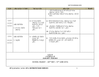 SJKT FESSERDANG 2015
¬ñÎ À¡¼ò¾¢ð¼õ ¸½¢¾õ (¬ñÎ 1) MATEMATIKTAHUN1KSSR 2015 5
Å¡Ãõ ¸üÈø À¢Ã¢×/ ¾¨ÄôÒ ¯ûÇ¼ì¸ò ¾Ãõ ¸üÈø ¾Ãõ ÌÈ¢ôÒ
¬. º£É Á½¢îºð¼ò¾¢ý 4.1 Ð¨½Ô¼ý §º÷ò¾ø
¸Æ¢ò¾ø ¸½ìÌ¸¨Çî ¦ºöÅ÷.
þ.ÁÉì¸½ì¸¢Î¾Ä¢ý ÅÆ¢ §º÷ò¾ø ¸Æ¢ò¾ø ¸½ìÌ¸¨Çî
¦ºöÅ÷.
Å¡Ãõ17
11.05.2015
-
15.05.2015
±ñÏõ ¦ºöÓ¨ÈÔõ
2. §º÷ò¾ø ÁüÚõ
¸Æ¢ò¾ø
2.4 §º÷ò¾ø ÁüÚõ
¸Æ¢ò¾ø ¦¾¡¼÷À¡É
À¢Ãîº¨Éì ¸½ìÌ¸¨Çì
¦¸¡ñ¼ ¸¨¾¨Â
¯ÕÅ¡ì¸¢ò ¾£÷×
¸¡ÏÅ÷.
(i) 100 Å¨ÃÂ¢Ä¡É §º÷ò¾ø ¸Æ¢ò¾ø ¦¾¡¼÷À¡É
À¢Ãîº¨Éì ¸½ìÌî ÝÆ¨Ä/¸¨¾¨Â ¯ÕÅ¡ìÌÅ÷.
(ii) ¦¸¡Îì¸ôÀð¼ ÝÆÖì§¸üÀ §º÷ò¾ø ¸Æ¢ò¾ø
À¢Ãîº¨Éì ¸½ìÌ¸ÙìÌò ¾£÷× ¸¡ñÀ÷.
(iii) §º÷ò¾ø ¸Æ¢ò¾ø ¦¾¡¼÷À¡É «ýÈ¡¼
À¢Ãîº¨É¸ÙìÌò ¾£÷× ¸¡ñÀ÷.
Å¡Ãõ18
18.05.2015
-
22.05.2015
±ñÏõ ¦ºöÓ¨ÈÔõ
3. À¢ýÉõ
3.1 þÃñÊø ´ýÚ ÁüÚõ
¿¡ý¸¢ø ´ýÚ
¸ÕòÐÕ¨Å «¨¼Â¡Çí
¸¡ÏÅ÷.
(i) ¯ñ¨Á ¦À¡Õû, À¼í¸û ÁüÚõ ¸¡¸¢¾í¸Ç¢ý Ð¨½Ô¼ý
þÃñÊø ´ýÚ, ¿¡ý¸¢ø ´ýÚ ¬¸¢Â À¢ýÉí¸¨Ç
«¨¼Â¡Çõ ¸¡ñÀ÷.
Å¡Ãõ 19
«¨ÃÂ¡ñÎ §º¡¾¨É
25.05.2015 - 29.05.2015
SCHOOL HOLIDAY - (30TH MAY – 14TH JUNE 2015)
 
