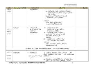 SJKT FESSERDANG 2015
¬ñÎ À¡¼ò¾¢ð¼õ ¸½¢¾õ (¬ñÎ 1) MATEMATIKTAHUN1KSSR 2015 8
Å¡Ãõ ¸üÈø À¢Ã¢×/ ¾¨ÄôÒ ¯ûÇ¼ì¸ò ¾Ãõ ¸üÈø ¾Ãõ ÌÈ¢ôÒ
31.08.2015
-
11.09.2015
ÀÂýÀÎòÐÅ÷.
. (ii) þÃñÎ «øÄÐ «¾üÌõ §ÁüÀð¼ ¦À¡Õû¸Ç¢ý
¿¢Úò¾ÄÇ¨Å¨Âò ¾Ã «Ç× «øÄ¡¾ «Ç¨Å¨Âì
¦¸¡ñÎ ´ôÀ¢ÎÅ÷.
(iii) ¿¢Úò¾ÄÇ¨ÅÂ¢ý Àø§ÅÚ Å¨¸Â¡É
¦º¡ü¸Çïº¢Âí¸¨Çô ÀÂýÀÎòÐÅ÷.
¸¨Äî¦º¡ü¸û:
À¡Ãõ, ¦ÁÄ¢×,ÀÕÁý, ¾ÊôÒ,
¦ÁÄ¢ó¾,º¢È¢ÂÐ,¦ÀÃ¢ÂÐ.
Å¡Ãõ33-34
14.09.2015
-
02.10.2015
8. ¦¸¡ûÇÇ× 8.1 ¦¸¡ûÇÇ¨Å¨Â
«ÇôÀ¾üÌ ²üÒ¨¼Â
«Ç¨Å¨Âô
ÀÂýÀÎòÐÅ÷.
(i) ¦¸¡ûÇÇ× ¦¾¡¼÷Ò¨¼Â
¿¼ÅÊì¨¸Â¢ý ¾Ã «Ç× «øÄ¡¾
«Ç¨Å¨Âô ÀÂýÀÎòÐÅ÷.
(ii) þÃñÎ «øÄÐ «¾üÌõ §ÁüÀð¼
¦¸¡û¸Äý¸Ç¢ø ¯ûÇ ¾¢ÃÅò¨¾ò ¾Ã
«Ç× «øÄ¡¾ «Ç¨Å¨Âì ¦¸¡ñÎ
´ôÀ¢ÎÅ÷.
(iii) ¦¸¡ûÇÇ¨ÅÂ¢ý Àø§ÅÚ Å¨¸Â¡É
¦º¡ü¸Çïº¢Âí¸¨Çô ÀÂýÀÎòÐÅ÷.
¸¨Äî ¦º¡ü¸û :
¿¢¨ÈÂ , ¾ÙõÒ¾ø , °üÚ¾ø , ÅÆ¢¾ø,
¿¢ÃôÒ¾ø, ÅüÚ¾ø.
ŠCHOOL HOLIDAY (19TH SEPTEMBER – 27TH SEPTEMBER 2015)
Å¡Ãõ35-36
05.10.2015
-
16.10.2015
9. ÅÊÅ¢Âø 9.1 ÓôÀÃ¢Á¡½
( 3D ) ÅÊÅò¨¾ «¨¼Â¡Çí
¸¡ÏÅ÷.
(i) ¸ÉîºÐÃõ, ¸Éî¦ºùÅ¸õ, ÜõÒ, À¢ÃÁ¢ð, ºÐÃ
«Êò¾Ç À¢ÃÁ¢ð, ¯Õ¨Ç ÁüÚõ ¯Õñ¨¼ ÅÊÅí¸¨Çô
¦ÀÂÃ¢ÎÅ÷.
(ii) ÓôÀÃ¢Á¡½ ( 3D ) ÅÊÅí¸Ç¢ý ¾ý¨Á¸Ç¡É Àì¸õ,
§ÁüÀÃôÒ ÁüÚõ Ó¨É ¬¸¢ÂÅü¨È Å¢ÇìÌÅ÷.
 