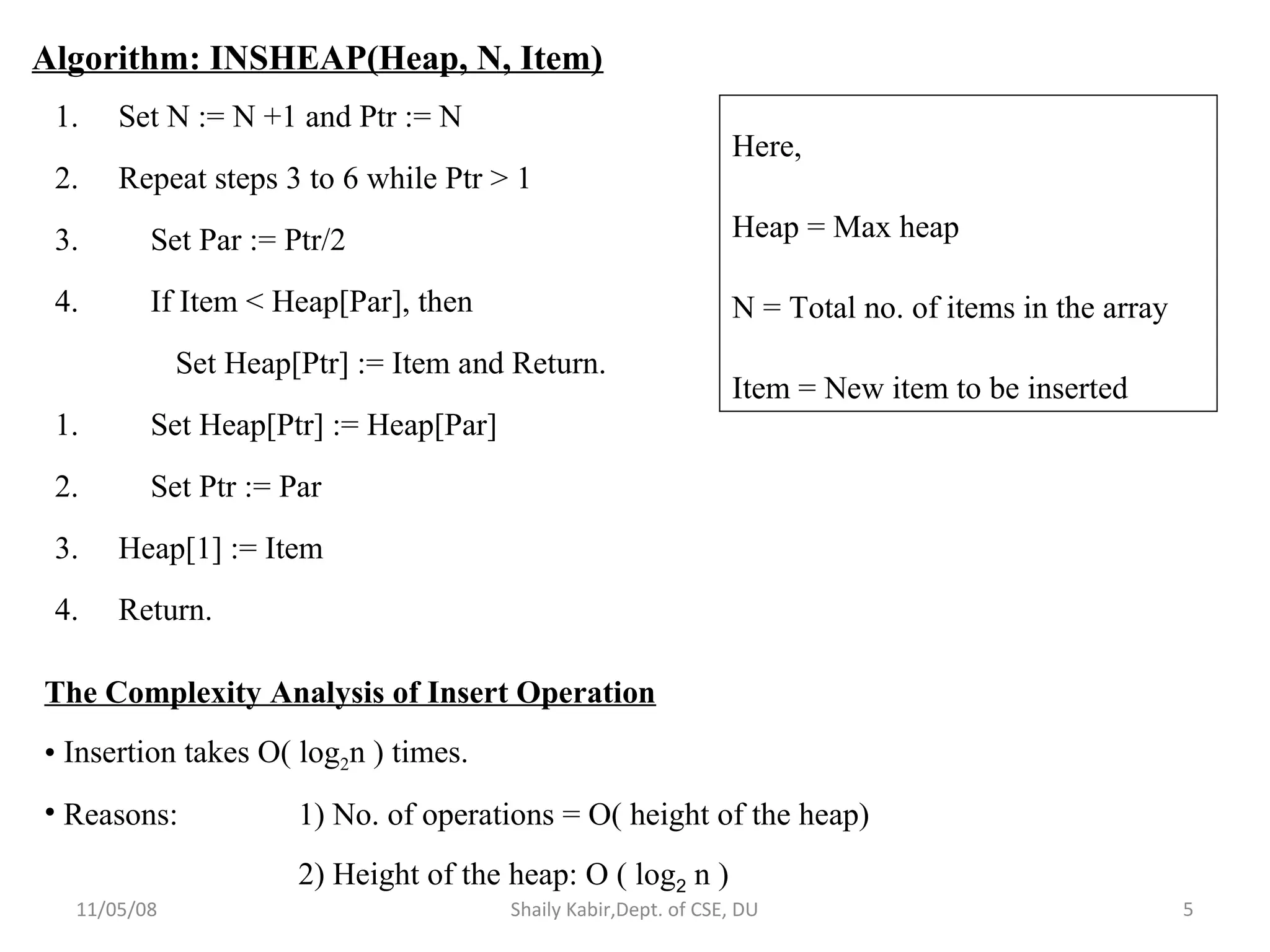 11/05/08 Shaily Kabir,Dept. of CSE, DU 5
Algorithm: INSHEAP(Heap, N, Item)
1. Set N := N +1 and Ptr := N
2. Repeat steps 3 to 6 while Ptr > 1
3. Set Par := Ptr/2
4. If Item < Heap[Par], then
Set Heap[Ptr] := Item and Return.
1. Set Heap[Ptr] := Heap[Par]
2. Set Ptr := Par
3. Heap[1] := Item
4. Return.
Here,
Heap = Max heap
N = Total no. of items in the array
Item = New item to be inserted
The Complexity Analysis of Insert Operation
• Insertion takes O( log2n ) times.
• Reasons: 1) No. of operations = O( height of the heap)
2) Height of the heap: O ( log2 n )
 