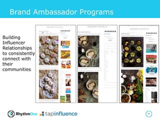 Brand Ambassador Programs
21
Building
Influencer
Relationships
to consistently
connect with
their
communities
 