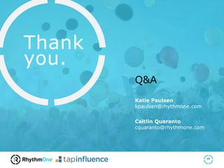 Thank
you.
Katie Paulsen
kpaulsen@rhythmone.com
Caitlin Quaranto
cquaranto@rhythmone.com
Q&A
29
 