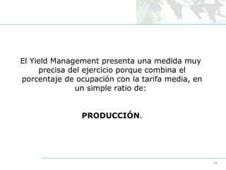 El Yield Management presenta una medida muy
precisa del ejercicio porque combina el
porcentaje de ocupación con la tarifa media, en
un simple ratio de:
PRODUCCIÓN.

10

 