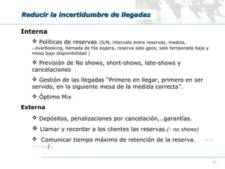 Reducir la incertidumbre de llegadas
Interna
 Políticas de reservas

(S/N, intervalo entre reservas, medios,
..overbooking, llamada de fila espera, reserva solo gpos, solo temporada baja y
mesa bajo disponibilidad )

 Previsión de No shows, short-shows, late-shows y
cancelaciones
 Gestión de las llegadas “Primero en llegar, primero en ser
servido, en la siguiente mesa de la medida correcta”.
 Óptimo Mix
Externa
 Depósitos, penalizaciones por cancelación,..garantías.

 Llamar y recordar a los clientes las reservas.(- no shows)
 Comunicar tiempo máximo de retención de la reserva. (- late
shows) .
27

 