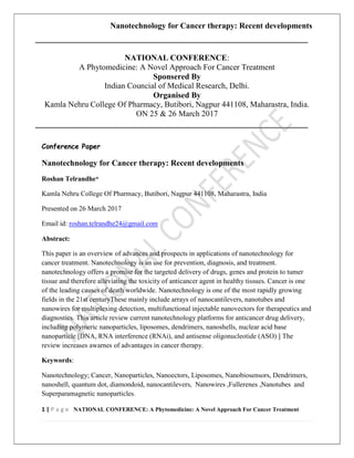 Nanotechnology for cancer therapy recent developments | PDF