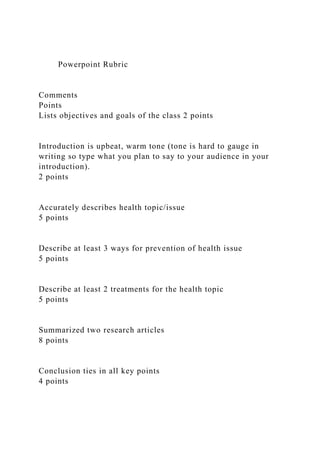 Powerpoint Rubric
Comments
Points
Lists objectives and goals of the class 2 points
Introduction is upbeat, warm tone (tone is hard to gauge in
writing so type what you plan to say to your audience in your
introduction).
2 points
Accurately describes health topic/issue
5 points
Describe at least 3 ways for prevention of health issue
5 points
Describe at least 2 treatments for the health topic
5 points
Summarized two research articles
8 points
Conclusion ties in all key points
4 points
 