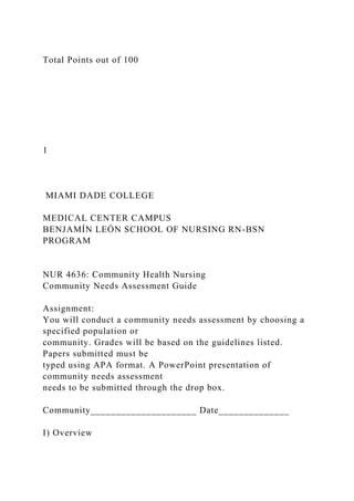 Total Points out of 100
1
MIAMI DADE COLLEGE
MEDICAL CENTER CAMPUS
BENJAMÍN LEÓN SCHOOL OF NURSING RN-BSN
PROGRAM
NUR 4636: Community Health Nursing
Community Needs Assessment Guide
Assignment:
You will conduct a community needs assessment by choosing a
specified population or
community. Grades will be based on the guidelines listed.
Papers submitted must be
typed using APA format. A PowerPoint presentation of
community needs assessment
needs to be submitted through the drop box.
Community_____________________ Date______________
I) Overview
 