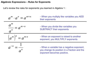 Algebraic Expressions – Rules for Exponents
Let’s review the rules for exponents you learned in Algebra 1 :

a ⋅a = a
m

n

m+n

- When you multiply like variables you ADD
their exponents

m

a
= a m−n
n
a

(a )

m n

a

−n

=a
1
= n
a

m⋅ n

- When you divide like variables you
SUBTRACT their exponents
- When an exponent is raised to another
exponent, you MULTIPLY exponents
- When a variable has a negative exponent,
you change its position in a fraction and the
exponent becomes positive.

 