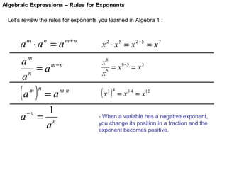 Algebraic Expressions – Rules for Exponents
Let’s review the rules for exponents you learned in Algebra 1 :

a ⋅a = a
m

n

m+n

m

a
= a m−n
n
a

(a )

m n

a

−n

=a
1
= n
a

m⋅ n

x 2 ⋅ x 5 = x 2+5 = x 7
x8
= x 8−5 = x 3
x5

(x )

3 4

= x 3⋅4 = x12

- When a variable has a negative exponent,
you change its position in a fraction and the
exponent becomes positive.

 