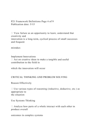 P21 Framework Definitions Page 4 of 9
Publication date: 5/15
creativity and
innovation is a long-term, cyclical process of small successes
and frequent
mistakes
Implement Innovations
and useful
contribution to the field in
which the innovation will occur
CRITICAL THINKING AND PROBLEM SOLVING
Reason Effectively
appropriate to
the situation
Use Systems Thinking
produce overall
outcomes in complex systems
 