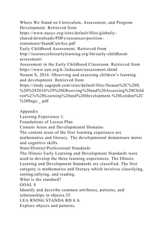 Where We Stand on Curriculum, Assessment, and Program
Development. Retrieved from
https://www.naeyc.org/sites/default/files/globally-
shared/downloads/PDFs/resources/position-
statements/StandCurrAss.pdf
Early Childhood Assessment. Retrieved from
http://resourcesforearlylearning.org/fm/early-childhood-
assessment/
Assessment in the Early Childhood Classroom. Retrieved from
https://www.uen.org/k-2educator/assessment.shtml
Neaum S, 2016. Observing and assessing children’s learning
and development. Retrieved from
https://study.sagepub.com/sites/default/files/Neaum%2C%20S.
%20%282016%29%20Observing%20and%20Assessing%20Child
ren%27s%20Learning%20and%20Development.%20London%2C
%20Sage._.pdf
Appendix
Learning Experience 1.
Foundations of Lesson Plan
Content Areas and Developmental Domains
The content areas of the first learning experience are
mathematics and literacy. The developmental domainsare motor
and cognitive skills.
State/District/Professional Standards
The Illinois Early Learning and Development Standards were
used to develop the three learning experiences. The Illinois
Learning and Development Standards are classified. The first
category is mathematics and literacy which involves classifying,
sorting,tallying, and reading.
What is the standard?
GOAL 8
Identify and describe common attributes, patterns, and
relationships in objects.35
LEA RNING STANDA RD 8.A
Explore objects and patterns.
 