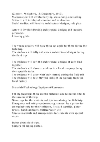 (Zinsser, Weissberg, & Dusenbury, 2013).
Mathematics: will involve tallying, classifying, and sorting
Science: will involve observation and exploration
Social studies: will involve architectural designs, role play
Art: will involve drawing architectural designs and industry
personnel.
Learning goals
The young graders will have these set goals for them during the
field trip.
The students will tally and match architectural designs during
the field trip
The students will sort the architectural designs of each kind
together
The students will observe workers in a local company doing
their specific tasks
The students will draw what they learned during the field trip
The students will role-play the tasks of the workers from the
local factory
Materials/Technology/Equipment/Resources
For the field trip, these are the materials and resources vital to
the success of the trip
Name tags for the students and teachers during the field trip
Emergency and safety equipment e.g. consent by a parent for
emergency care for their children, first aid supplies, paper
towels, hand sanitizers, bottled water, etc.
Special materials and arrangements for students with special
needs.
Books about field trips.
Camera for taking photos.
 