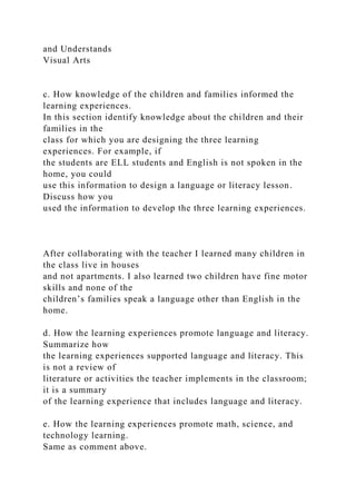 and Understands
Visual Arts
c. How knowledge of the children and families informed the
learning experiences.
In this section identify knowledge about the children and their
families in the
class for which you are designing the three learning
experiences. For example, if
the students are ELL students and English is not spoken in the
home, you could
use this information to design a language or literacy lesson.
Discuss how you
used the information to develop the three learning experiences.
After collaborating with the teacher I learned many children in
the class live in houses
and not apartments. I also learned two children have fine motor
skills and none of the
children’s families speak a language other than English in the
home.
d. How the learning experiences promote language and literacy.
Summarize how
the learning experiences supported language and literacy. This
is not a review of
literature or activities the teacher implements in the classroom;
it is a summary
of the learning experience that includes language and literacy.
e. How the learning experiences promote math, science, and
technology learning.
Same as comment above.
 
