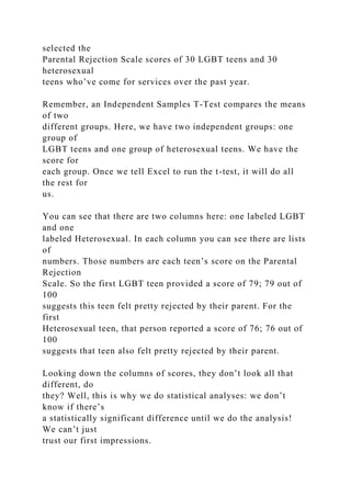 selected the
Parental Rejection Scale scores of 30 LGBT teens and 30
heterosexual
teens who’ve come for services over the past year.
Remember, an Independent Samples T-Test compares the means
of two
different groups. Here, we have two independent groups: one
group of
LGBT teens and one group of heterosexual teens. We have the
score for
each group. Once we tell Excel to run the t-test, it will do all
the rest for
us.
You can see that there are two columns here: one labeled LGBT
and one
labeled Heterosexual. In each column you can see there are lists
of
numbers. Those numbers are each teen’s score on the Parental
Rejection
Scale. So the first LGBT teen provided a score of 79; 79 out of
100
suggests this teen felt pretty rejected by their parent. For the
first
Heterosexual teen, that person reported a score of 76; 76 out of
100
suggests that teen also felt pretty rejected by their parent.
Looking down the columns of scores, they don’t look all that
different, do
they? Well, this is why we do statistical analyses: we don’t
know if there’s
a statistically significant difference until we do the analysis!
We can’t just
trust our first impressions.
 