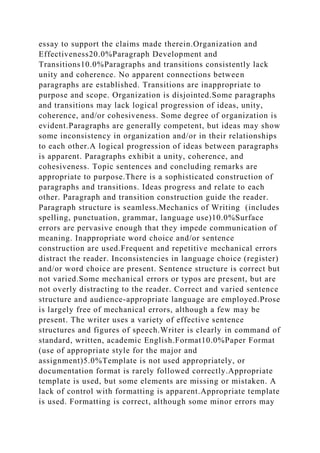 essay to support the claims made therein.Organization and
Effectiveness20.0%Paragraph Development and
Transitions10.0%Paragraphs and transitions consistently lack
unity and coherence. No apparent connections between
paragraphs are established. Transitions are inappropriate to
purpose and scope. Organization is disjointed.Some paragraphs
and transitions may lack logical progression of ideas, unity,
coherence, and/or cohesiveness. Some degree of organization is
evident.Paragraphs are generally competent, but ideas may show
some inconsistency in organization and/or in their relationships
to each other.A logical progression of ideas between paragraphs
is apparent. Paragraphs exhibit a unity, coherence, and
cohesiveness. Topic sentences and concluding remarks are
appropriate to purpose.There is a sophisticated construction of
paragraphs and transitions. Ideas progress and relate to each
other. Paragraph and transition construction guide the reader.
Paragraph structure is seamless.Mechanics of Writing (includes
spelling, punctuation, grammar, language use)10.0%Surface
errors are pervasive enough that they impede communication of
meaning. Inappropriate word choice and/or sentence
construction are used.Frequent and repetitive mechanical errors
distract the reader. Inconsistencies in language choice (register)
and/or word choice are present. Sentence structure is correct but
not varied.Some mechanical errors or typos are present, but are
not overly distracting to the reader. Correct and varied sentence
structure and audience-appropriate language are employed.Prose
is largely free of mechanical errors, although a few may be
present. The writer uses a variety of effective sentence
structures and figures of speech.Writer is clearly in command of
standard, written, academic English.Format10.0%Paper Format
(use of appropriate style for the major and
assignment)5.0%Template is not used appropriately, or
documentation format is rarely followed correctly.Appropriate
template is used, but some elements are missing or mistaken. A
lack of control with formatting is apparent.Appropriate template
is used. Formatting is correct, although some minor errors may
 