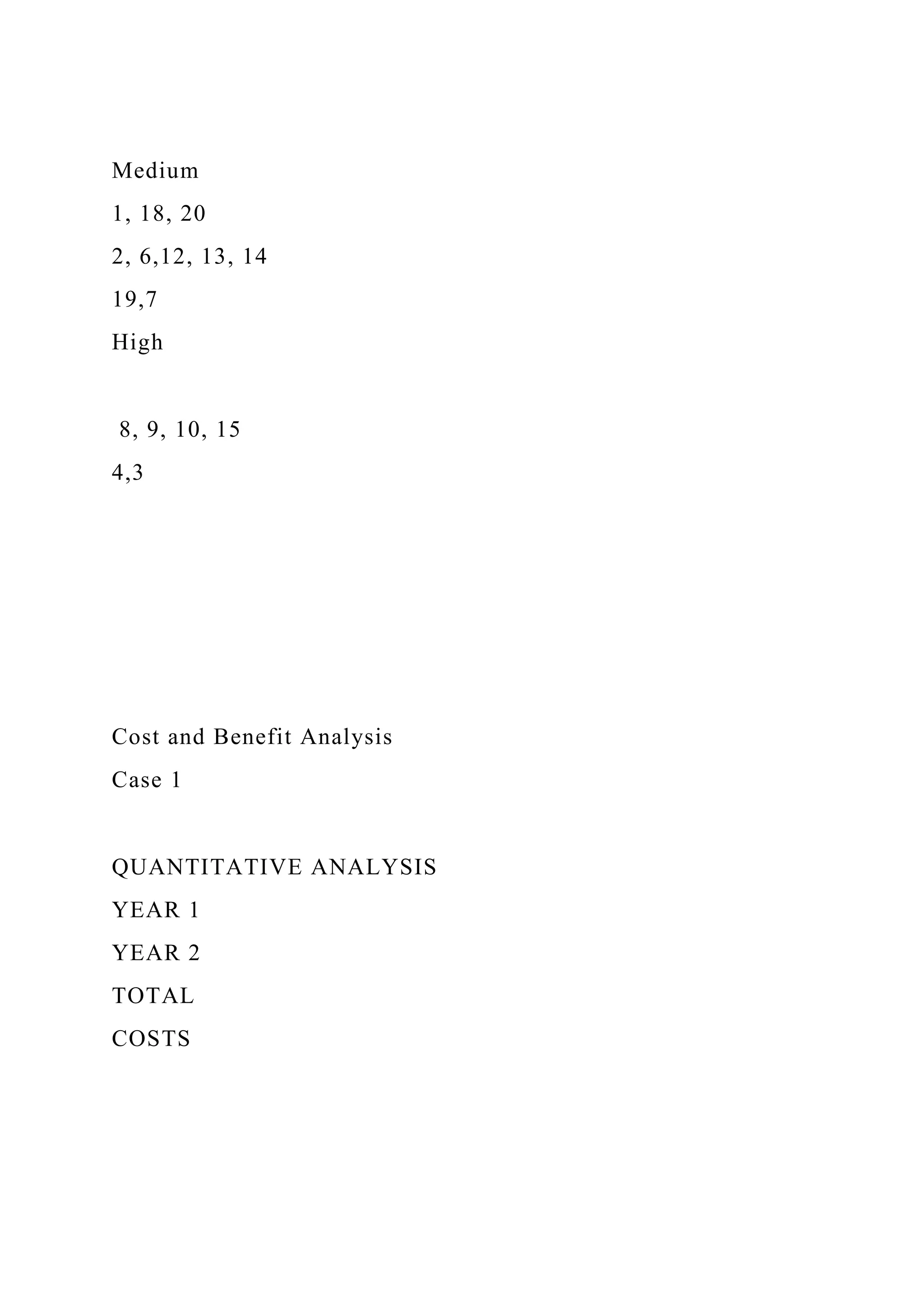 Medium
1, 18, 20
2, 6,12, 13, 14
19,7
High
8, 9, 10, 15
4,3
Cost and Benefit Analysis
Case 1
QUANTITATIVE ANALYSIS
YEAR 1
YEAR 2
TOTAL
COSTS
 