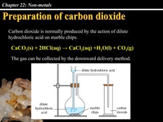 Chapter 22: Non-metals
Carbon dioxide is normally produced by the action of dilute
hydrochloric acid on marble chips.
CaCO3(s) + 2HCl(aq) → CaCl2(aq) +H2O(l) + CO2(g)
The gas can be collected by the downward delivery method.
 