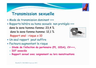 Transmission sexuelle
Mode de transmission dominant +++
Rapports hétéro ou homo sexuels non protégés +++
dans le sens homme-femme: 23,4 %
dans le sens femme-homme: 12,1 %
Rapport anal : risque x 10Rapport anal : risque x 10
Un seul rapport peut suffire
Facteurs augmentant le risque
Stade de l’infection du partenaire (PI, SIDA), CV+++,
IST associée
Rapport sexuel avec saignement ou lors menstruations
Mouffok N- VIH/SIDA Cours nov 2013
 