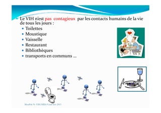 Le VIH n’est pas contagieux par les contacts humains de la vie
de tous les jours :
Toilettes
Moustique
Vaisselle
Restaurant
Bibliothèques
transports en communs …transports en communs …
Mouffok N- VIH/SIDA Cours nov 2013
 