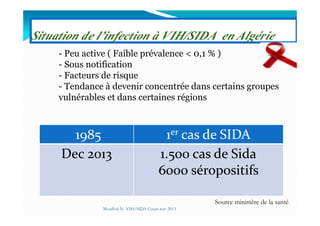 Situation de l’infection à VIH/SIDA en AlgérieSituation de l’infection à VIH/SIDA en Algérie
- Peu active ( Faible prévalence < 0,1 % )
- Sous notification
- Facteurs de risque
- Tendance à devenir concentrée dans certains groupes
vulnérables et dans certaines régions
19851985 11erer cas de SIDAcas de SIDA
Dec 2013 1.500 cas de Sida
6000 séropositifs
Source ministère de la santé
Mouffok N- VIH/SIDA Cours nov 2013
 