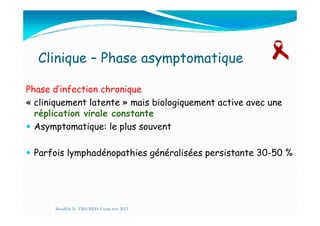 Clinique – Phase asymptomatique
Phase d’infection chronique
« cliniquement latente » mais biologiquement active avec une
réplication virale constanteréplication virale constante
Asymptomatique: le plus souvent
Parfois lymphadénopathies généralisées persistante 30-50 %
Mouffok N- VIH/SIDA Cours nov 2013
 