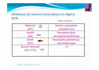 Inhibiteurs de reverse transcriptase en Algérie
INTR
Rétrovir®
(AZT)
Anémie, neutropénie,
myopathie rare
Videx®
(ddI)
Pancréatite aiguë,
neuropathie périphérique
Effets secondaires
(ddI) neuropathie périphérique
Zérit®
(D4T)
Neuropathie périphérique,
pancréatite aiguë
Epivir®, Emtriva®
(3TC, FTC)
≈ 0
Mouffok N- VIH/SIDA Cours nov 2013
 