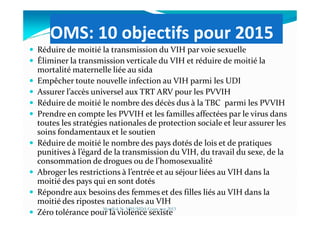 OMS: 10 objectifs pour 2015
Réduire de moitié la transmission du VIH par voie sexuelle
Éliminer la transmission verticale du VIH et réduire de moitié la
mortalité maternelle liée au sida
Empêcher toute nouvelle infection au VIH parmi les UDI
Assurer l’accès universel aux TRT ARV pour les PVVIH
Réduire de moitié le nombre des décès dus à la TBC parmi les PVVIH
Prendre en compte les PVVIH et les familles affectées par le virus dansPrendre en compte les PVVIH et les familles affectées par le virus dans
toutes les stratégies nationales de protection sociale et leur assurer les
soins fondamentaux et le soutien
Réduire de moitié le nombre des pays dotés de lois et de pratiques
punitives à l’égard de la transmission du VIH, du travail du sexe, de la
consommation de drogues ou de l’homosexualité
Abroger les restrictions à l’entrée et au séjour liées au VIH dans la
moitié des pays qui en sont dotés
Répondre aux besoins des femmes et des filles liés au VIH dans la
moitié des ripostes nationales au VIH
Zéro tolérance pour la violence sexiste
Mouffok N- VIH/SIDA Cours nov 2013
 