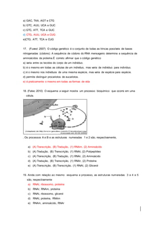 a) GAC, TAA, AGT e CTG
b) GTC, AUU, UCA e GUC
c) GTC, ATT, TCA e GUC
d) CTG, AUU, UCA e CUG
e)CTG, ATT, TCA e CUG
17. (Fuvest 2007) O código genético é o conjunto de todas as trincas possíveis de bases
nitrogenadas (códons). A sequência de códons do RNA mensageiro determina a sequência de
aminoácidos da proteína.É correto afirmar que o código genético
a) varia entre os tecidos do corpo de um indivíduo.
b) é o mesmo em todas as células de um indivíduo, mas varia de indivíduo para indivíduo.
c) é o mesmo nos indivíduos de uma mesma espécie, mas varia de espécie para espécie.
d) permite distinguir procariotos de eucariotos.
e) é praticamente o mesmo em todas as formas de vida
18. (Fatec 2010) O esquema a seguir mostra um processo bioquímico que ocorre em uma
célula.
. Os processos A e B e as estruturas numeradas 1 e 2 são, respectivamente,
a) (A) Transcrição, (B) Tradução, (1) RNAm, (2) Aminoácido
b) (A) Tradução, (B) Transcrição, (1) RNAt, (2) Polipeptídeo
c) (A) Transcrição, (B) Tradução, (1) RNAr, (2) Aminoácido
d) (A) Tradução, (B) Transcrição, (1) RNAr, (2) Proteína
e) (A) Transcrição, (B) Transcrição, (1) RNAt, (2) Glicerol
19. Ainda com relação ao mesmo esquema e processo, as estruturas numeradas 3 e 4 e 5
são, respectivamente
a) RNAt, ribossomo, proteína
b) RNAr, RNAm, proteína
c) RNAt, ribossomo, glicerol
d) RNAt, proteína, RNAm
e) RNAm, aminoácido, RNAr
 