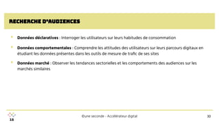 ©une seconde - Accélérateur digital
recherche d’audiences
▪ Données déclaratives : Interroger les utilisateurs sur leurs habitudes de consommation
▪ Données comportementales : Comprendre les attitudes des utilisateurs sur leurs parcours digitaux en
étudiant les données présentes dans les outils de mesure de traﬁc de ses sites
▪ Données marché : Observer les tendances sectorielles et les comportements des audiences sur les
marchés similaires
30
30
 