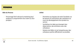 ©une seconde - Accélérateur digital
Persona
▪ Personnage ﬁctif créé par le marketing pour
analyser le comportement d'un client ou d'un
prospect
▪ Permettre aux équipes de rester focalisées sur
les besoins et motivations des utilisateurs au
cours du développement d'un produit ou
service
▪ Synthétiser les idées qui émergent des
observations, des entretiens avec des
utilisateurs
▪ Générer de l’affect et de l’empathie pour des
utilisateurs parfois difficilement accessibles
Rôle du Persona
34
Utilité
 